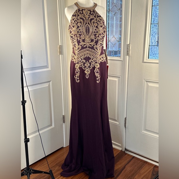 Dancing Queen Purple and Gold Embellished Halter Gown - Picture 3 of 16